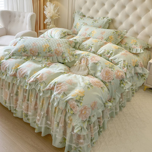 韩式 四件套蕾丝边被套纯棉全棉公主风加厚床上用品 夹棉床裙床笠款