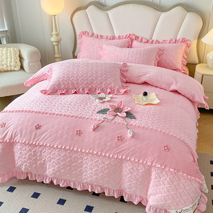 网红加厚水晶绒床盖四件套刺绣被套全夹棉手工花被罩双面绒魔法绒