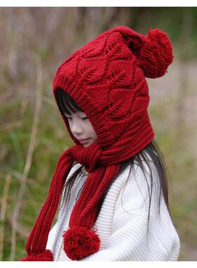 女宝宝国风新年红儿童帽子冬季保暖宝宝套头帽可爱围巾一体护耳帽