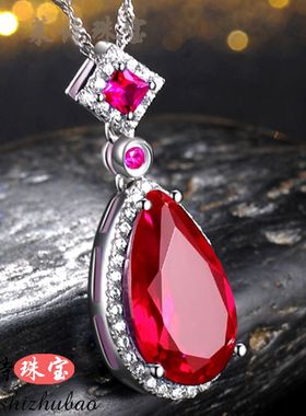 红宝石吊坠日韩彩色宝石项坠纯银镀18k金项链锁骨链彩宝银饰品