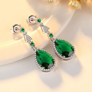 祖母绿耳环女925纯银镀18k金日韩防过敏彩色宝石耳饰百搭碧玺耳钉