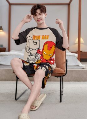 男童儿童夏季短袖短裤冰丝青少年中大童装钢铁侠睡衣套装加肥加胖