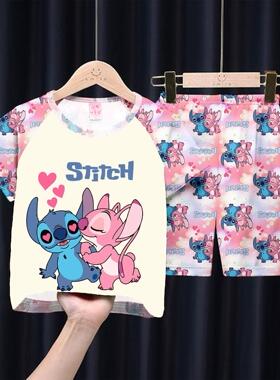 3-4-5-6-7-8-9-10岁睡衣儿童女孩夏装套头衫圆领短袖史迪仔Stitch