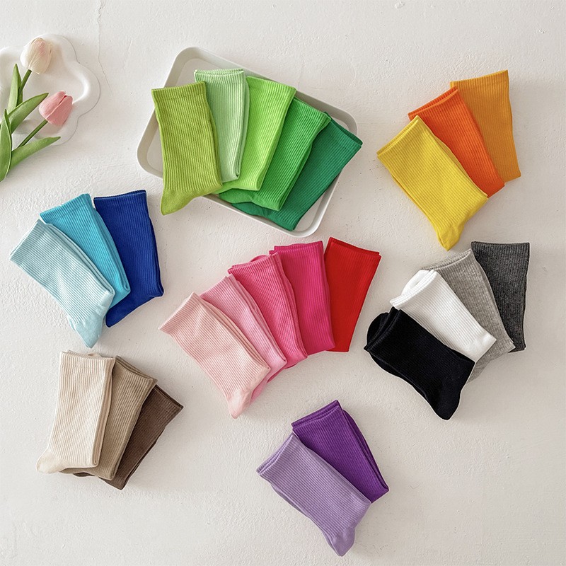 秋冬纯色棉袜彩色中筒袜简约情侣