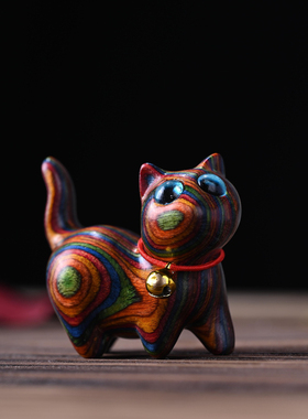 彩虹木小猫摆件可爱动物创意迷你木质猫咪手把件生日小礼物礼品