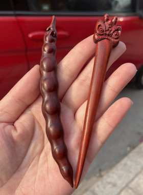 紫檀木古风小可爱豆角老虎竹叶造型短款发簪汉服配饰厂家直销