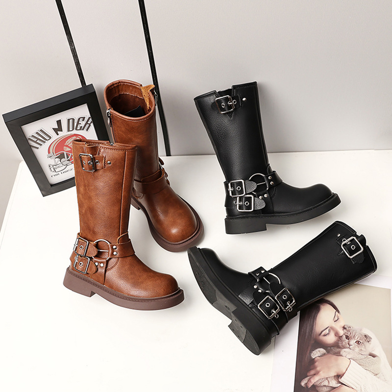 儿童马丁靴2024女童真皮棕色复古长筒靴厚底单扣骑士靴中大童靴子