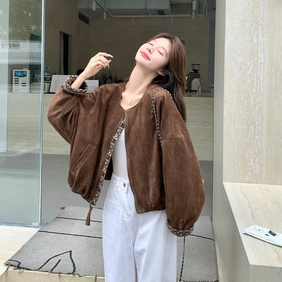 美拉德咖色印花拼接麂皮绒短外套女秋季新款复古减龄百搭圆领夹克