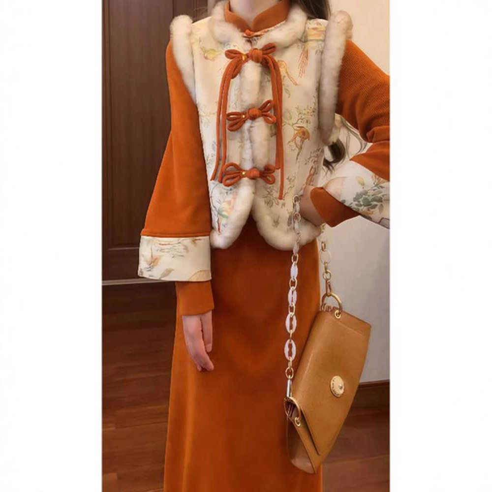 一川枫叶旗袍改良少女新中式冬天休闲运动套装
