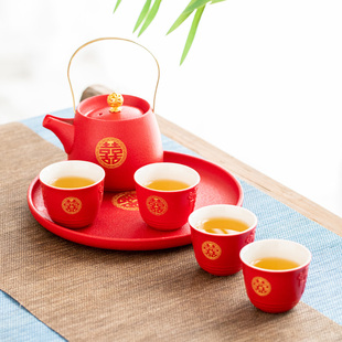 中式 改口敬茶杯陶瓷茶盤新婚慶送閨蜜伴手禮 紅色結婚功夫茶具套裝
