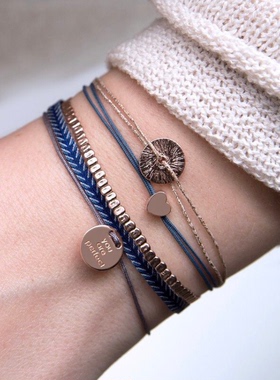 西班牙风情Guanabana潮人蓝/紫色系撞色花纹手工编织叠戴运动手绳