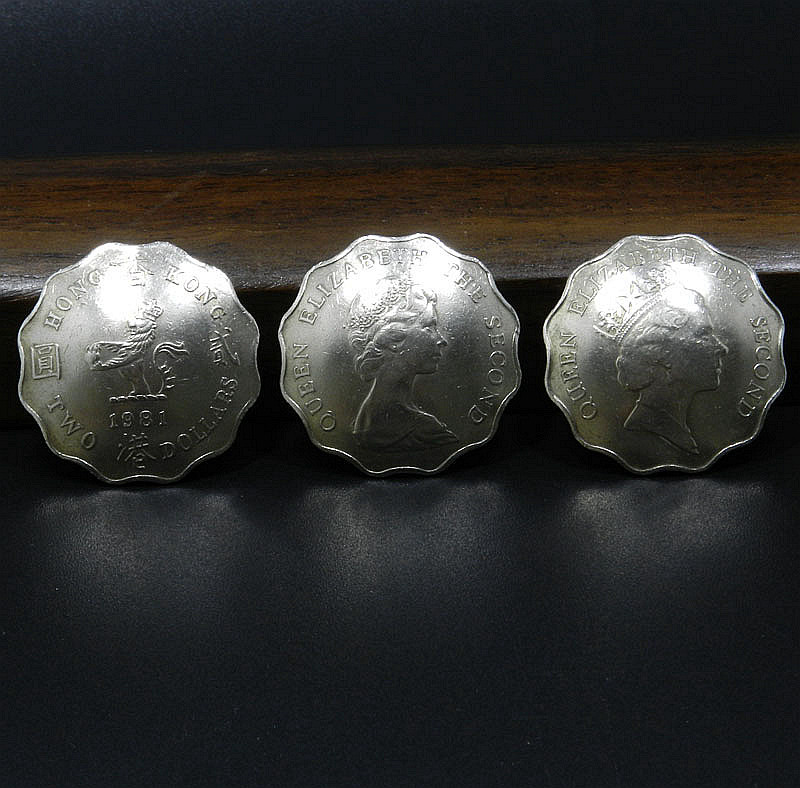香港2圆硬币扣异形花边英中年青年女王手工真币扣DIY财布扣 28mm