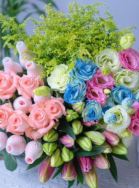 【玫瑰百合福利】粉玫瑰10枝+百合5朵+洋桔梗1扎+配草云南鲜花