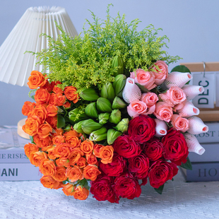 粉玫瑰5枝 鲜花 红玫瑰5枝 香水百合5朵 配草 多头玫瑰 爆款