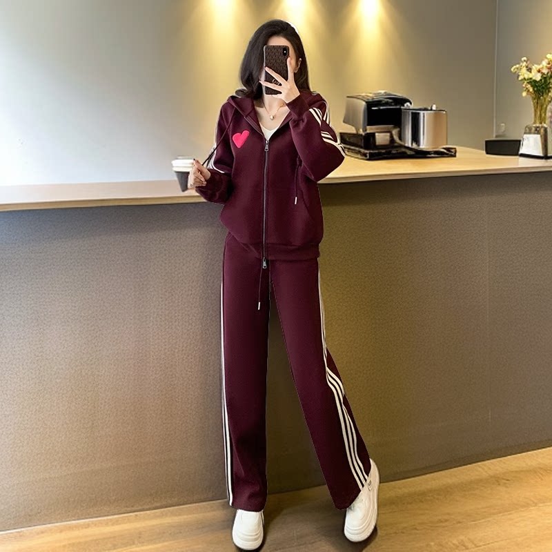 春秋款休闲运动服套装女士时尚减龄长袖连帽开衫卫衣阔腿裤两件套