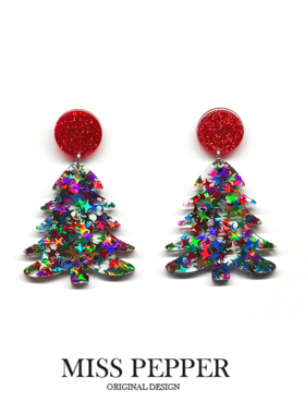 高颜值圣诞节圣诞树亮片耳钉节日氛围感装耳环少女个性双面耳夹女