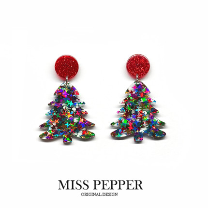 高颜值圣诞节圣诞树亮片耳钉节日氛围感装耳环少女个性双面耳夹女
