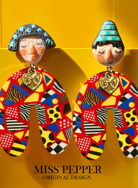 原创春节红色新年彩色波普风人像耳钉女小众设计感耳钉度假耳环夹