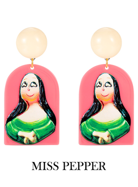 少女手作 Q版蒙娜丽莎耳钉复古浮雕立体彩绘油画梵高925银针耳环