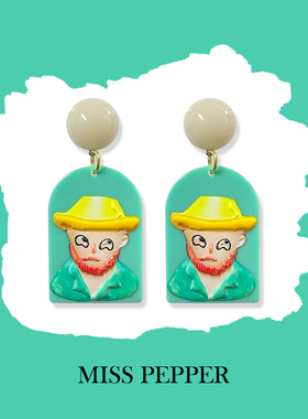 个性涂鸦耳钉复古浮雕油画卡通人像Q版梵高耳环夹夸张耳坠耳夹女