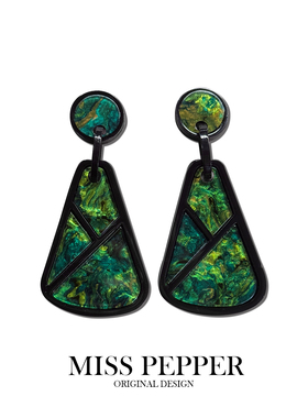 祖母绿几何方形鎏金琥珀色耳饰波西米亚复古度假夸张小众设计耳坠