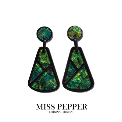 祖母绿几何方形鎏金琥珀色耳饰波西米亚复古度假夸张小众设计耳坠