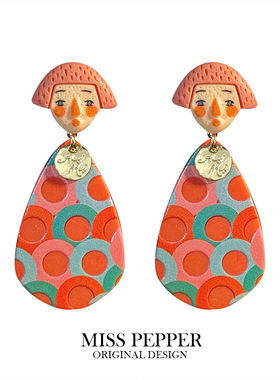 原创设计雀斑女孩趣味卡通耳环彩色波点耳夹瘦脸辣妹长款毛球耳饰