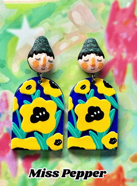 原创设计可爱卡通头像耳环女个性夸张黄色花朵耳钉鬼马少女耳夹