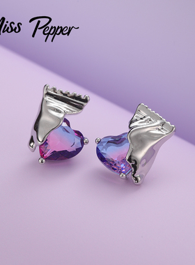 糖果袋渐变紫色爱心耳环女小众设计感高级心形耳钉925银针耳饰品