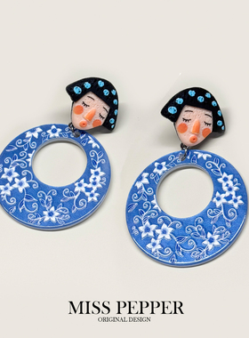 原创设计蓝色青花瓷风耳钉花朵头像百搭小众度假耳环无耳洞耳夹女