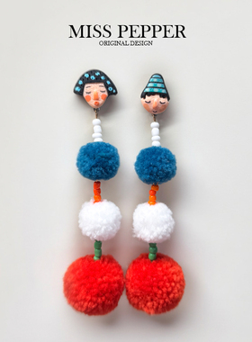 原创设计民族风毛球夸张耳环彩色波点耳钉人像不对称长款耳坠