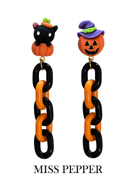 原创万圣节系列搞怪南瓜链条耳坠黑色猫咪可爱耳环少女无耳洞耳夹