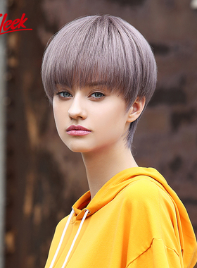 sleek假发女齐斜刘海中性帅气齐耳短发全真自然手织时尚真发头套