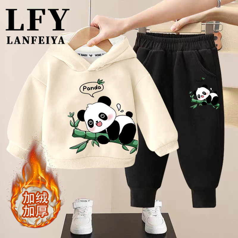 男女童秋冬款连帽加绒卫衣套装洋气熊猫卡通图案童装中小童保暖衣