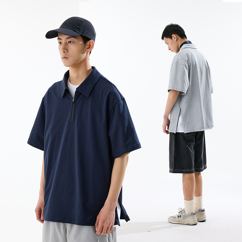 夏季新款日系剪裁侧开拉链polo衫