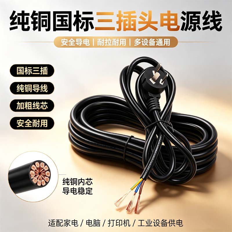 纯铜国标加粗三插头电源线图片