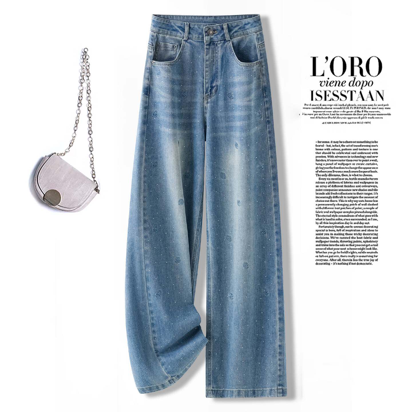 品牌专柜高级感阔腿牛仔裤女春夏季2026新款烫钻垂感拖地裤镶钻直