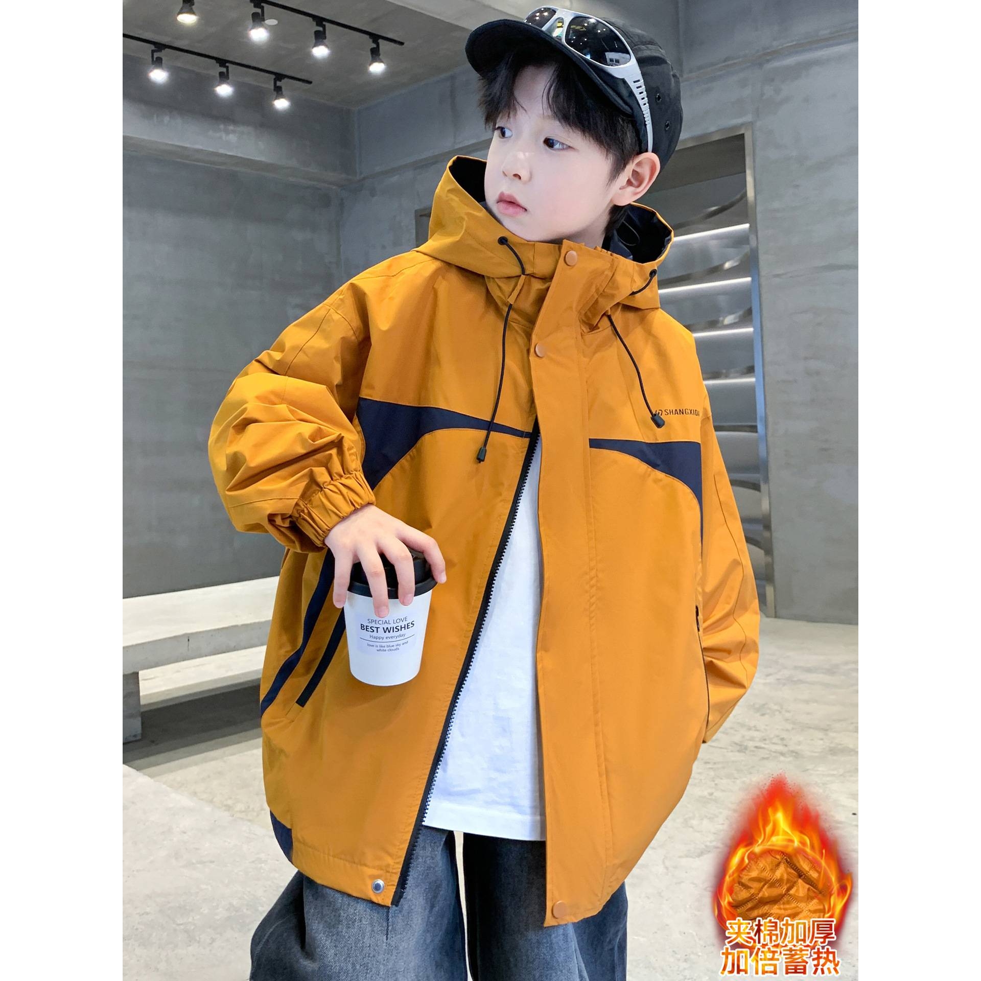 品牌专柜男童冲锋衣秋冬夹棉外套2025新款大童上衣儿童冬装防风二