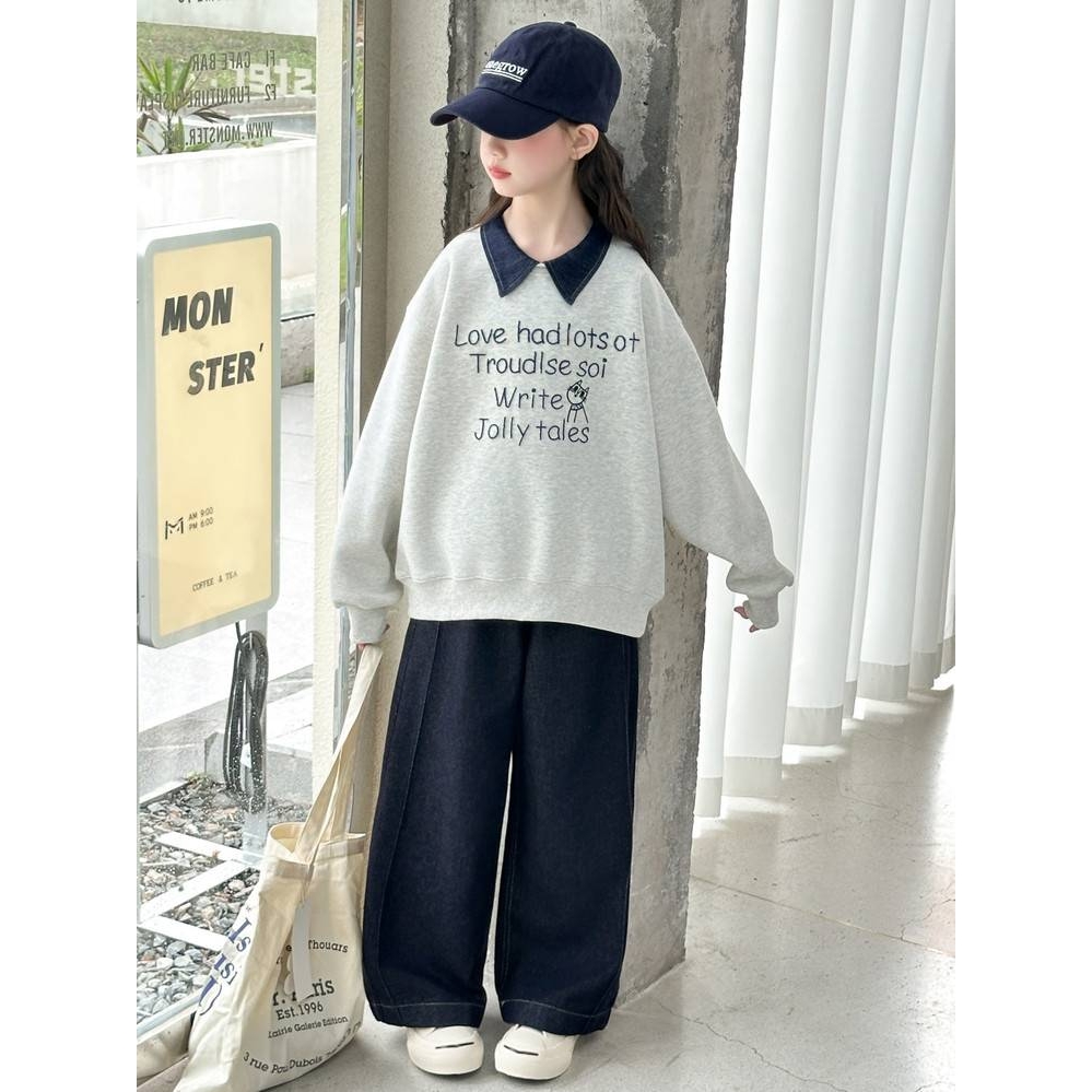 品牌专柜女童卫衣牛仔裤套装春季新款儿童POLO衫上衣两件套女孩阔