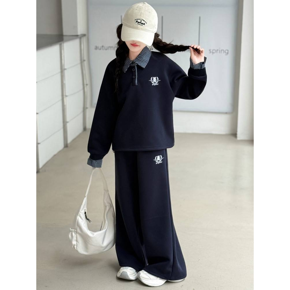 品牌专柜女童假两件卫衣春秋款套装2025新款儿童洋气秋装POLO衫上