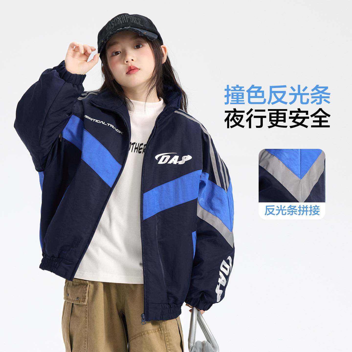 品牌专柜女童冬装机车风防水红色运动反光棉服2025新款儿童加厚夹