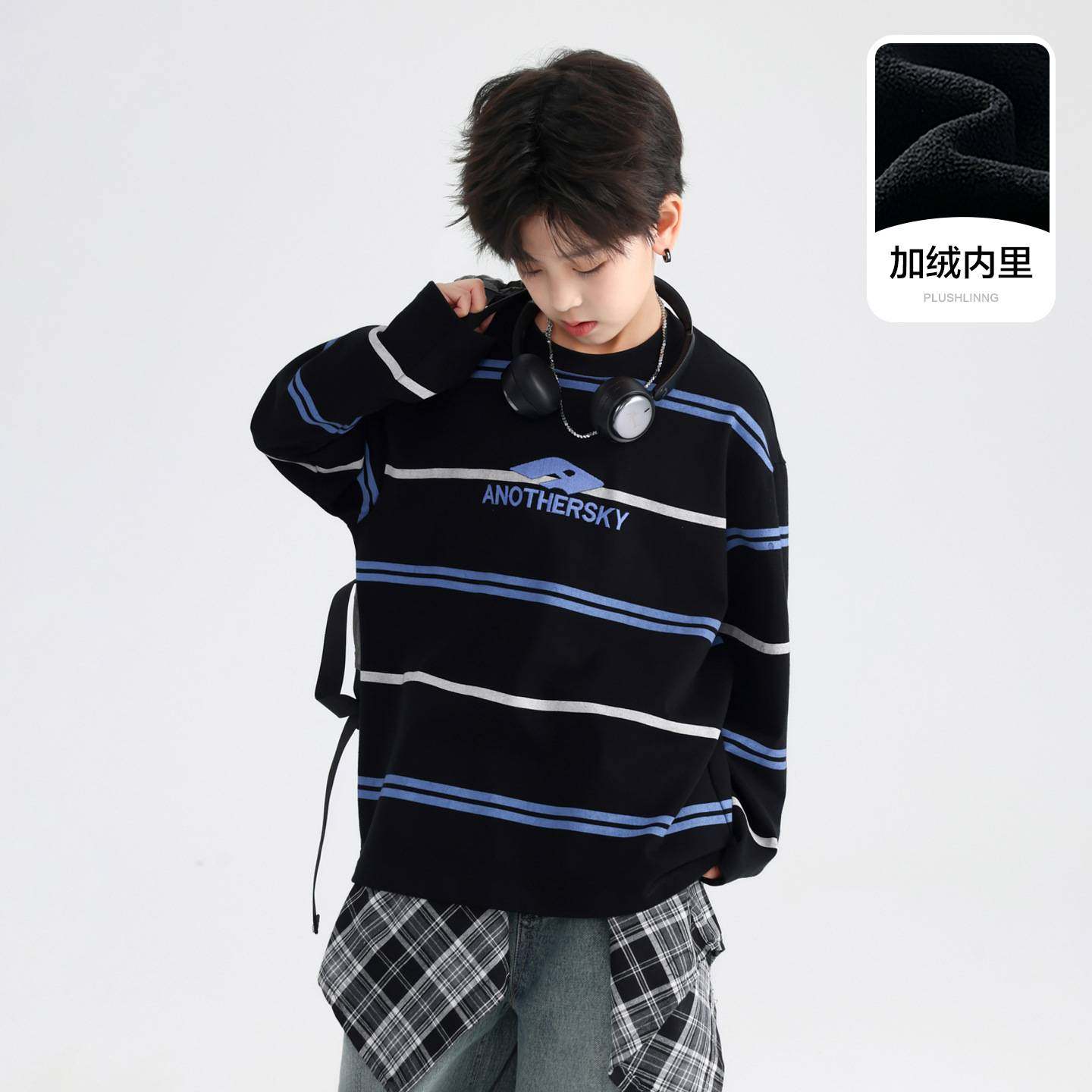 品牌专柜男大童冬季韩范条纹运动加绒加厚长袖T恤2025年新款儿童