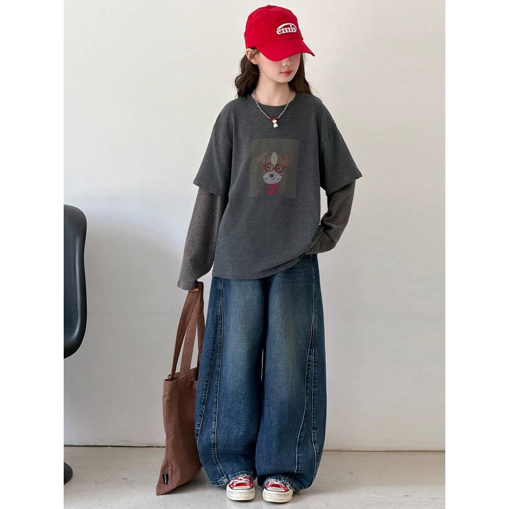 品牌专柜女童套装秋装2026新款洋气儿童春秋款假两件卫衣大童牛仔