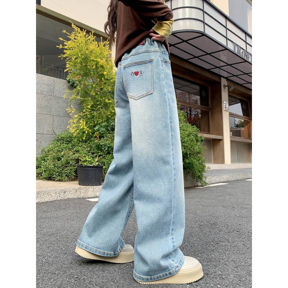 品牌专柜浅蓝色阔腿牛仔裤女童2026春款新款中大童水洗宽松垂感拖