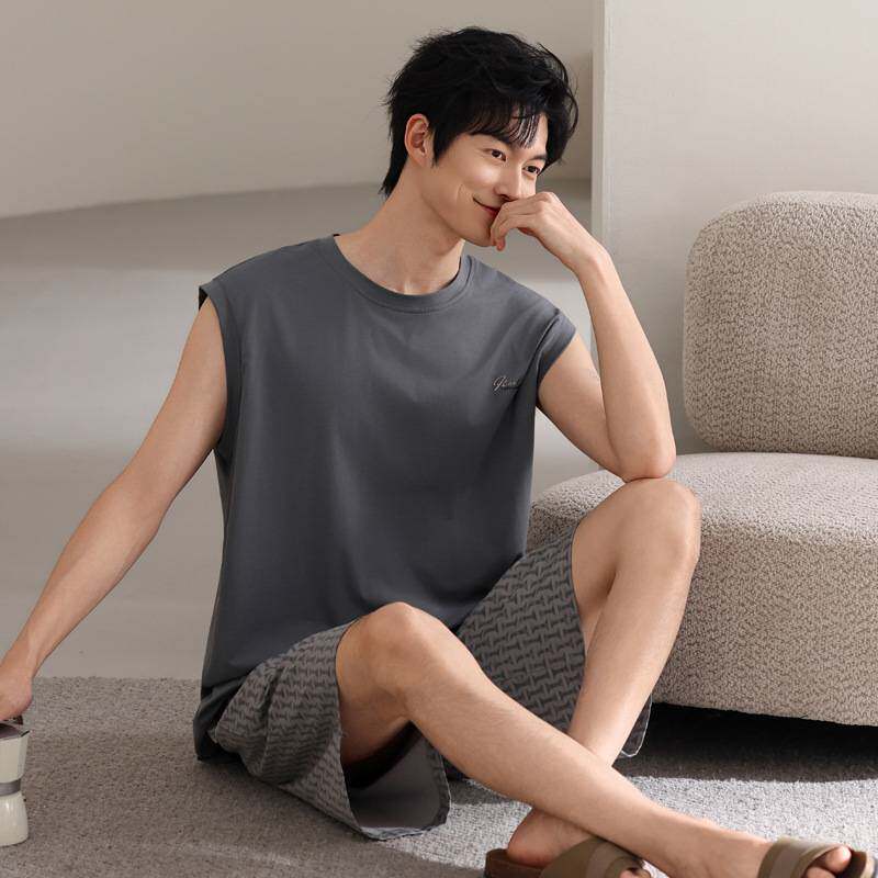 品牌专柜【凉感】莫代尔睡衣男士夏季背心无袖薄款夏天冰丝男款家