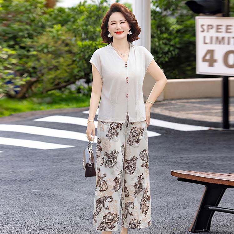 品牌专柜妈妈装夏季短袖小衫套装中老年女装时尚显瘦上衣印花阔腿