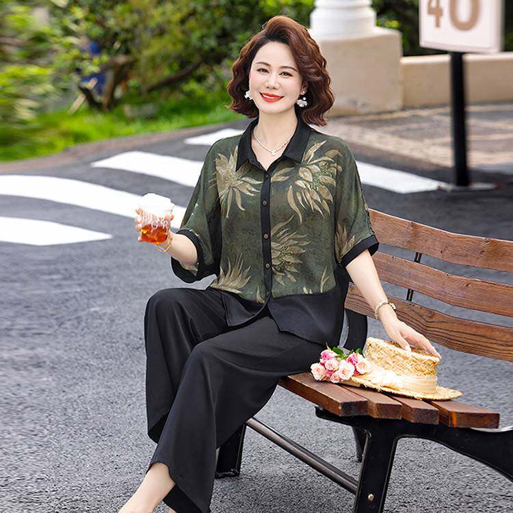 品牌专柜中年胖妈妈雪纺套装夏季洋气衬衫阔腿裤中老年女装大码休