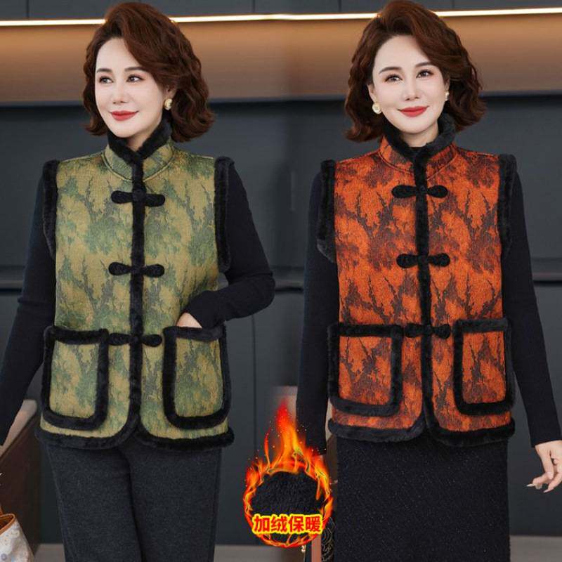 品牌专柜中老年女秋冬妈妈加绒中老年人加厚坎肩保暖背心妈妈唐装