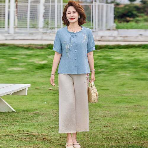 品牌专柜妈妈夏装套装洋气2026新款中式纯棉短袖上衣中老年女装开