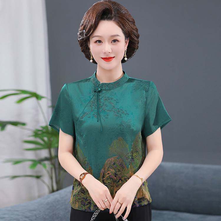品牌专柜2026妈妈夏季旗袍领仿真丝上衣女中老年女装高贵复古短袖
